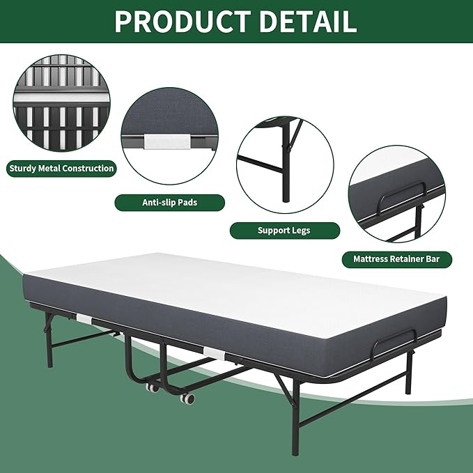 75" x 38" Twin Folding Bed with 3.7" Memory Foam Mattress, Portable Foldable Extra Bed, Rollaway Bed for Guests, and Sturdy Metal Frame