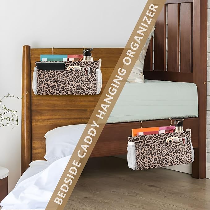 Bedside Caddy Hanging Bunk Bed Caddy Bed Organizer Hanging Pocket with 2 Hooks Bedside Storage Organizer Pocket Bag Holder Leopard Print Brown