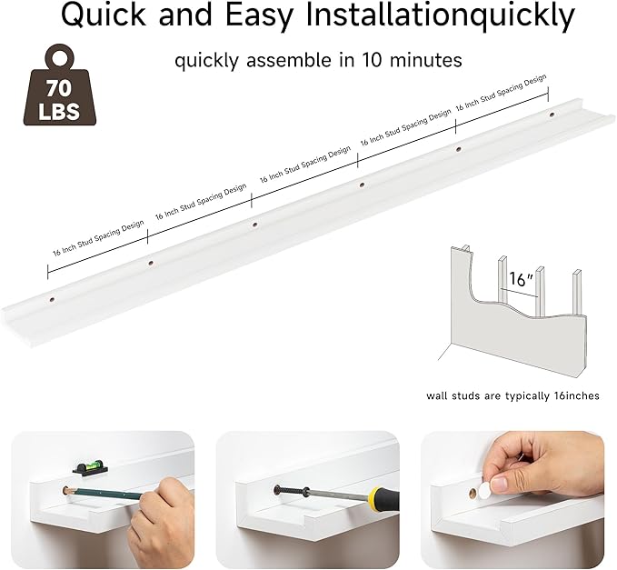 Floating Picture Ledge Shelves for Wall Set of 2, 95 Inches Picture Ledge Shelf with Long Large Nursery Book Shelf for Toys Storage Kids Bookshelf Wall Mounted Living Room Bedroom Decor Frames, White