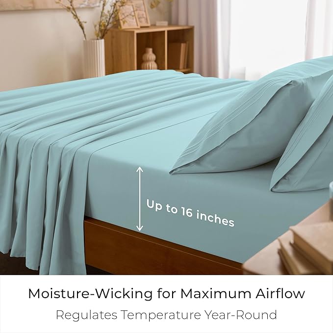 Mellanni Full Sheet Set - 6-Piece Iconic Collection Bedding, (Including 4 Pillowcases), 16-Inch Deep Pocket, Easy Care, Extra Soft, Cooling Sheets, Brushed Microfiber - Aqua
