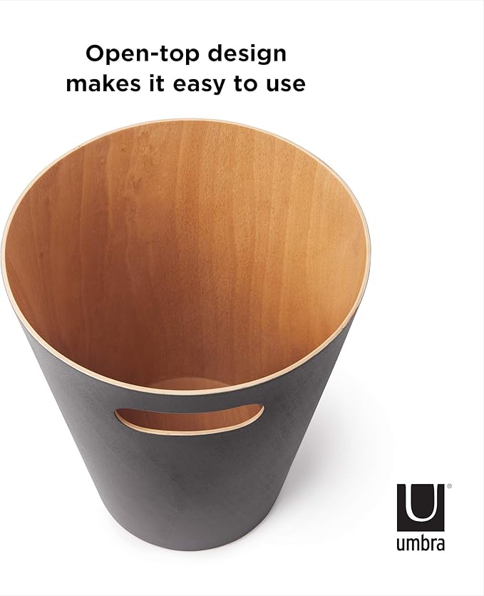 Umbra Woodrow 2-Gallon Modern Wooden Trash Can Wastebasket, Attractive Bin for Garbage or Recycling, Suitable for Home or Office, Dark Grey/Natural