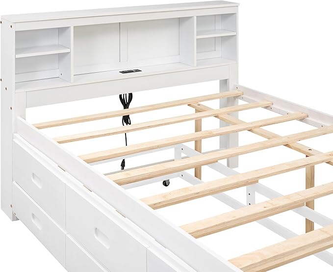 Platform Bed with Storage Headboard, USB, Twin Size Trundle and 3 Drawers, Full Size, White Color