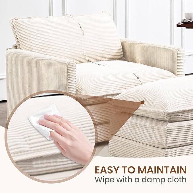ROWHY Single Armchair with Ottoman, Modern Corduroy Cloud Couch with Convertible Chaise, Upholstered Sofa Set for Living Room, Beige
