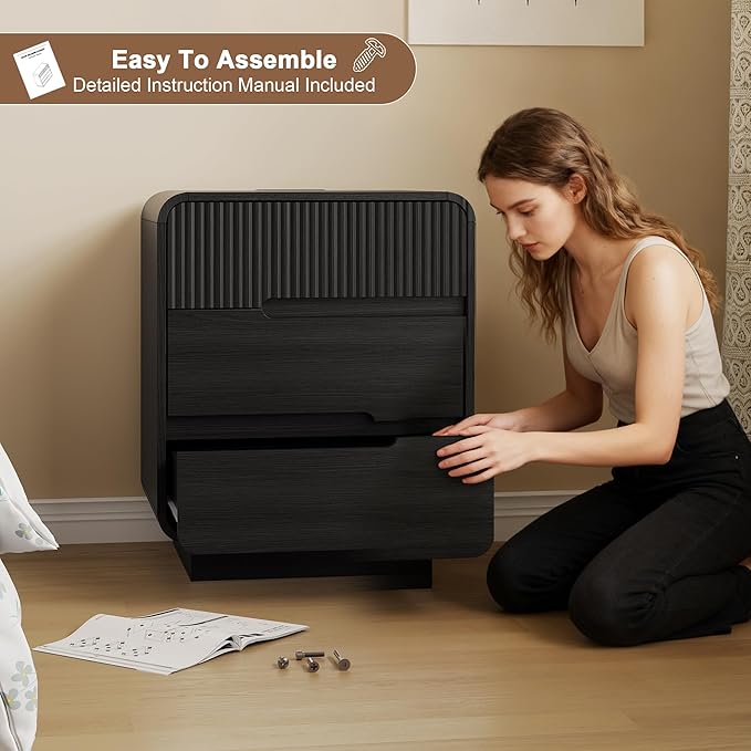 6 Drawer Dresser and 2 Nightstand Sets for Bedroom 3 Pcs Bedroom Set, Modern 47.2" Fluted Dresser with Invisible Handles Nightstand Charging Station, Bedroom Furniture Set for Living Room, Black