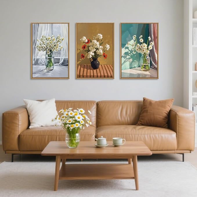 LHIUEM Large Vintage Botanical Floral Framed Canvas Wall Art Set,Boho White Daisy Vase Wall Decor,Modern Flower Sunshine Prints,Rustic Wildflower Artwork for Living Room,Bedroom,Dining Room,Office -16"x24"x3