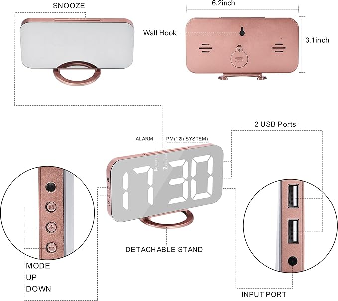 SZELAM Alarm Clock for Bedroom,LED and Mirror Digital Clock Large Display,with Dual USB Charger Ports,Auto Dim,Snooze Mode,Modern Desk/Wall Electronic Clock for Girl Woman Mom Teens - Rose Gold