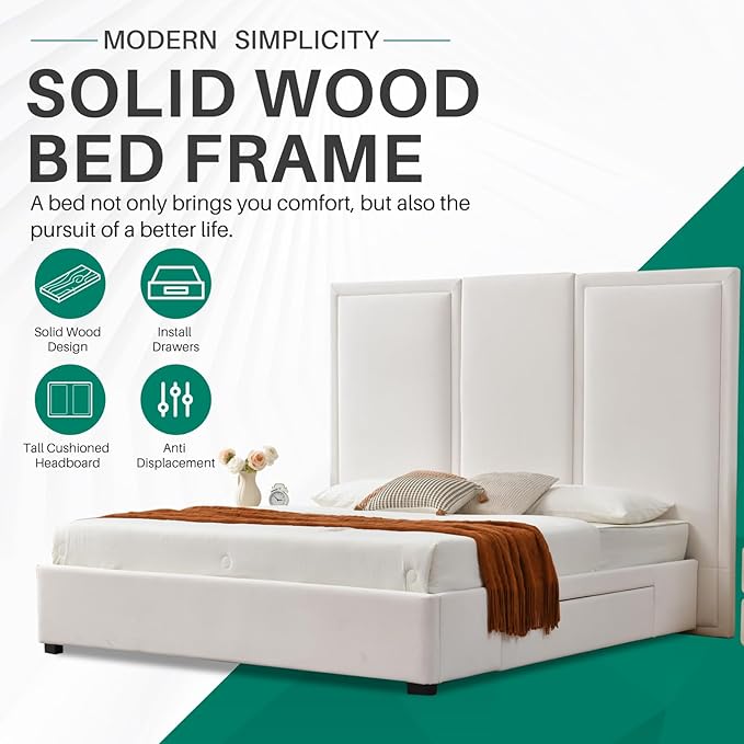 YUHUASHI King Size Bed Frame with 64-inch High Headboard, Simple and Airy Linen Upholstered Platform Bed with Storage Drawers, Wood Slat, No Noise (White, King (U.S. Standard))
