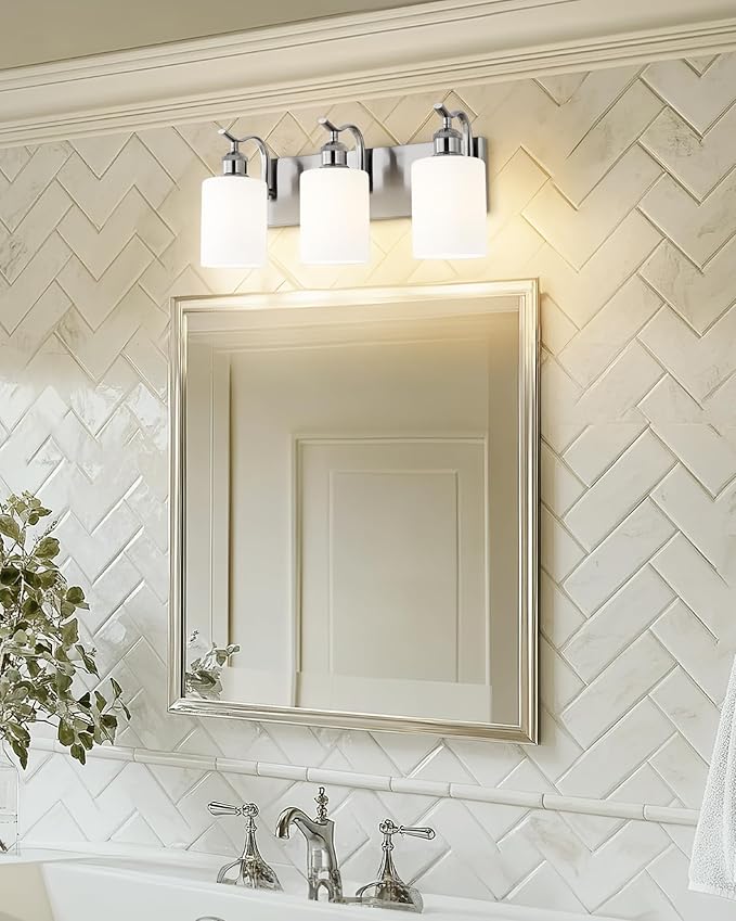 Milk Glass Bathroom Light, 3-Light Vanity Light Fixture, Brushed Nickel Wall Sconce, VL01BNW-3