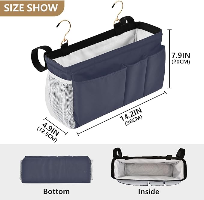 KOPIRIT Navy Grey Bedside Caddy Storage Bag Bedside Organizer for College Dorm Top Bunk Bed Hanging Bag Bedside Shelf 6 Pockets with Hooks for Magazine Water Bottle Holder