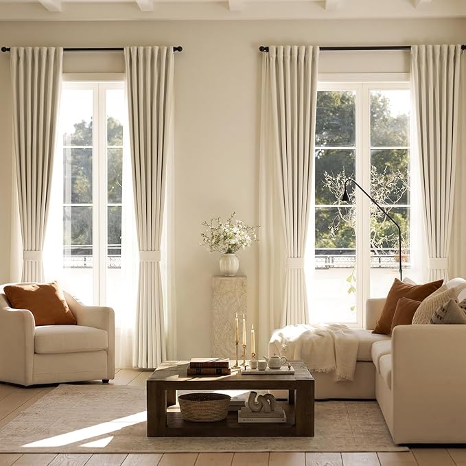 jinchan Chenille Blackout Curtains 108 Inches Long Beige Thermal Insulated Curtains for Living Room Bedroom 2 Panels Triple-Weave Noise Reducing Drapes Back Tab Privacy Window Curtains 50x108 Inch