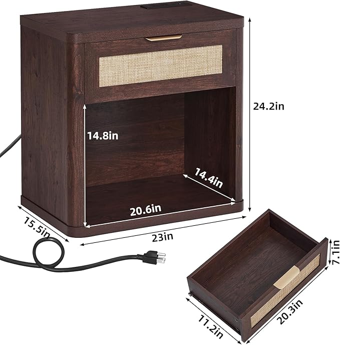 LEYAOYAO Rattan Nightstands Set of 2 with Charging Station, Walnut Night Stand with Drawer, 23" Wide Boho Bedside Table with Storage Shelf, Bed Side End Tables for Bedroom, Living Room, Hallway