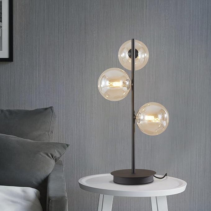 Modern Globe Table Lamp, Mid Century 3 Lights Black Bedside Lamp, Brown Glass Globe Reading Lamp for Bedroom Living Room Study Room