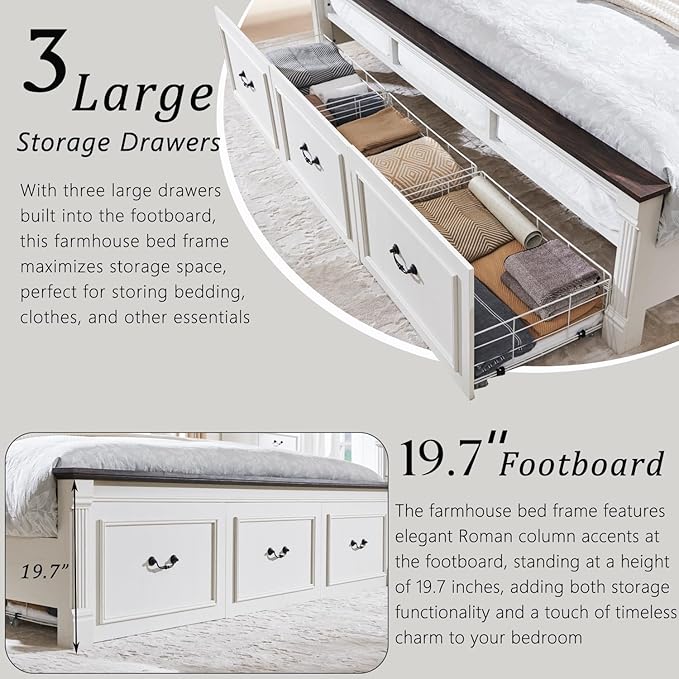 Farmhouse King Size Bed Frame with 51" Tall Headboard, Wood Platform Bed Frame with 20" Tall Roman Column Decoration Footboard & 3 Large Storage Drawers, No Box Spring Needed (White)