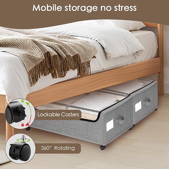 Under Bed Storage with Wheels, 2-Pack Under the Bed Storage Containers with Clear Lids & Label, Underbed Storage Bins, XXXL 85L 11 inches Rolling Metal Drawer for Clothes, Shoes, Toys, Books - Gray