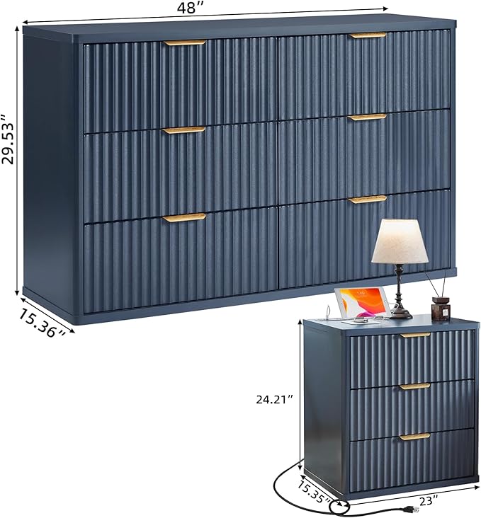 LEYAOYAO Fluted Dresser and Nightstand Sets, Wood 48" Wide Dresser & 23" Night Stand with Charging Station, 2 Piece Bedroom Furniture Set, Chest of Drawers for Bedroom, Home, Living Room,Nave Blue
