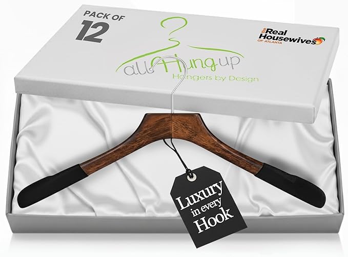 Premium Luxe Wooden Hangers for Women, Wide Shoulder Design for Dresses, Skirts, Sweaters & Blouses, Heavy Duty with Velvet Grip, Mahogany with Black Velvet, 12 pcs