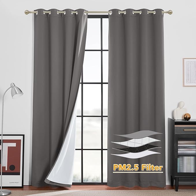 RYB HOME Noise Reducing Barrier for Bedroom, Totally Blackout Drapes Energy Smart Window Treatment Anti Dust Divider Curtains PM2.5 Pollen Smog Filtering, Grey, W52 x L108 inch, 2 Panel
