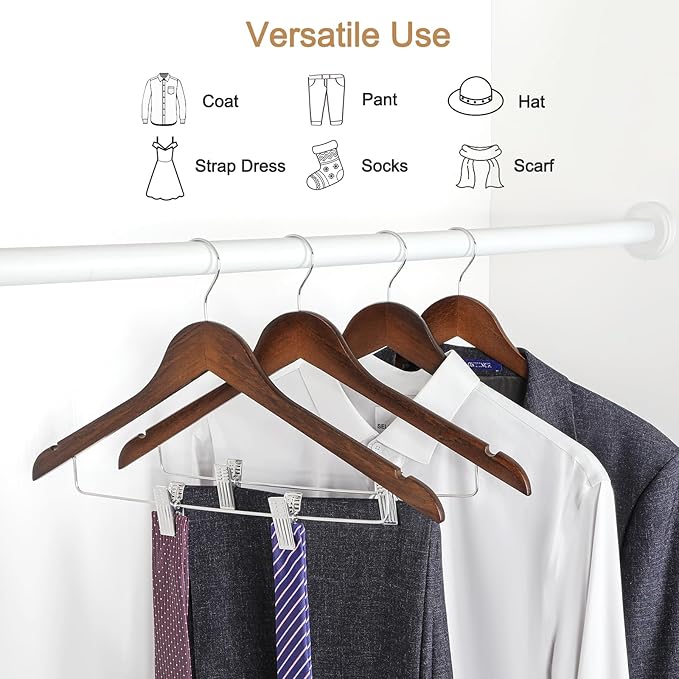 TOPIA HANGER Wooden Suit Hangers with Adjustable Metal Clips (20 Pack), Solid Wood Clothes Hangers, 360° Swivel Hook, Premium Retro Finish Pants Hangers for Clothes Coat, Jeans, Blouse-CT28A20