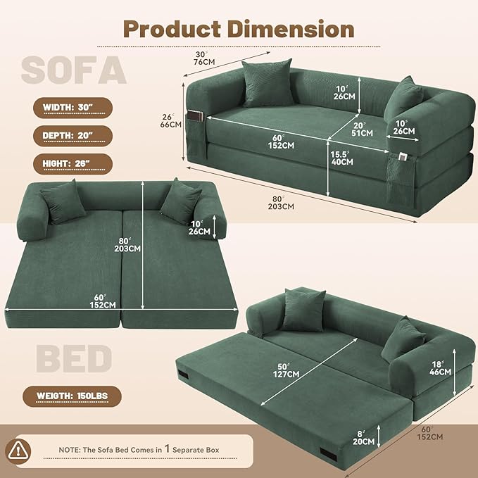 80" Convertible Sofa Bed,Corduroy Folding Sleeper Sofa Bed Queen with Pillows & Storage,Modular Pull Out Couches Boneless Couch for Living Room,Compressed Couch in a Box,Light Green