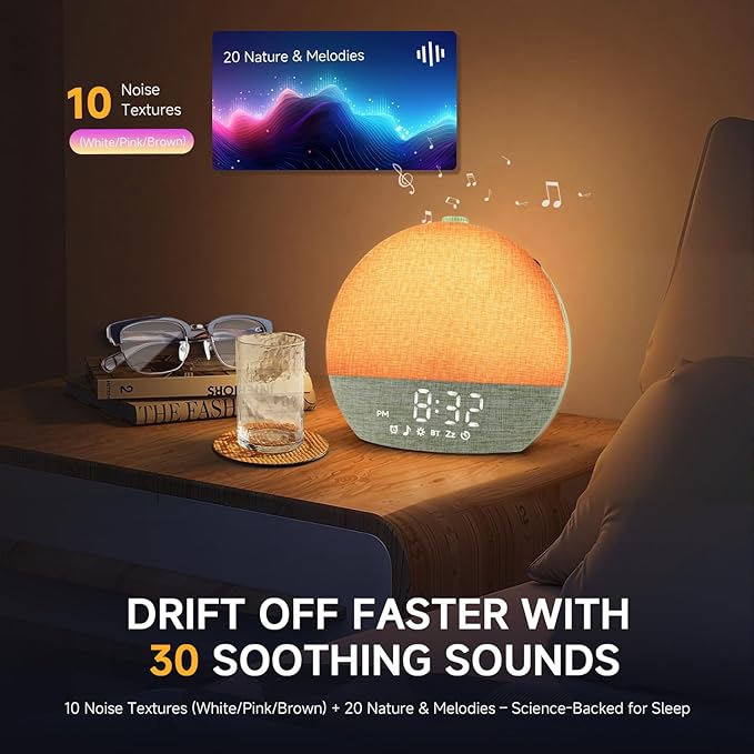 Sunrise Alarm Clock White Noise Sound Machine for Bedroom | Natural Wake-Up Light with 30 Soothing Sleep Aids, Bluetooth Speaker, Dimmable Clock, Screen-Free Design for Baby Kids-Matcha Green
