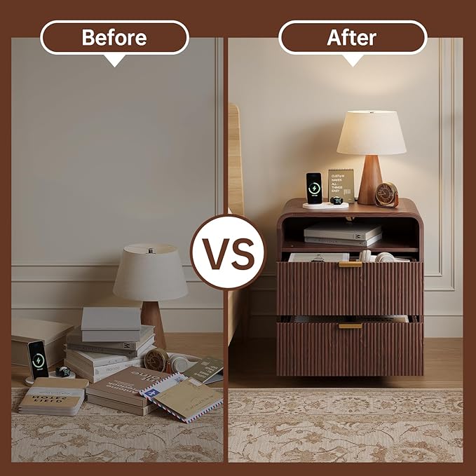 FURSUN 24" Fluted Nightstand with Charging Station, Wooden End Table with 2 Drawers Storage, Curved Profile Design, Modern Bedside Cabinet for Bedroom, Walnut