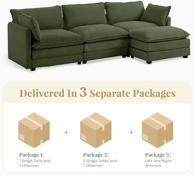 112'' Sectional Modular Cloud Couch, Oversized L Shaped 3 Seat Sofa with Movable Ottomans, 2 Throw Pillows, Upholstered Corduroy L Shape Comfy Deep Couches for Living Room and Office, Green