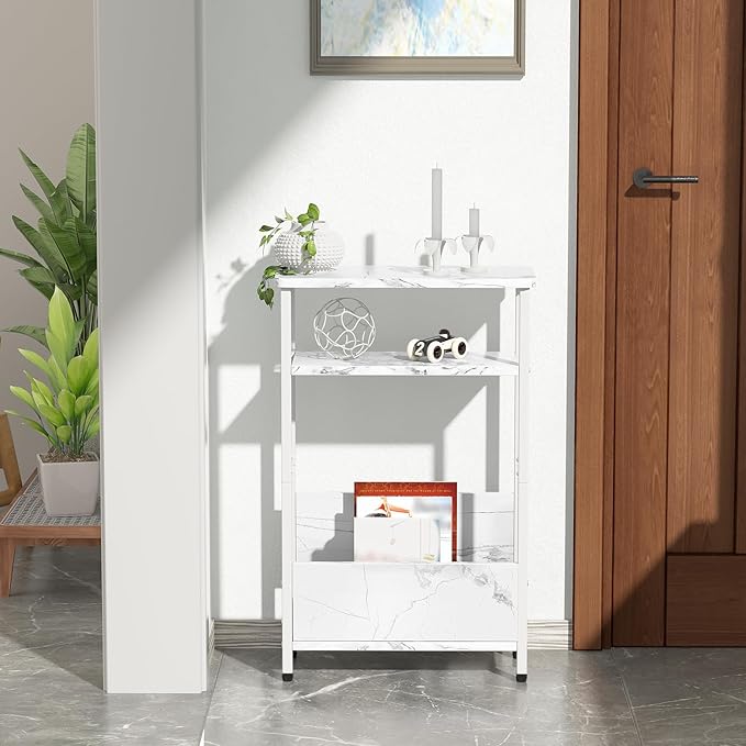 THUMEYE 7.1" Narrow Side Table for Small Spaces, 3 Tier Small End Table with Magazine Holder, Slim/Skinny Nightstand/Bedside Table, 15.4" L x 24.2" H, Faux White Marble with White Legs
