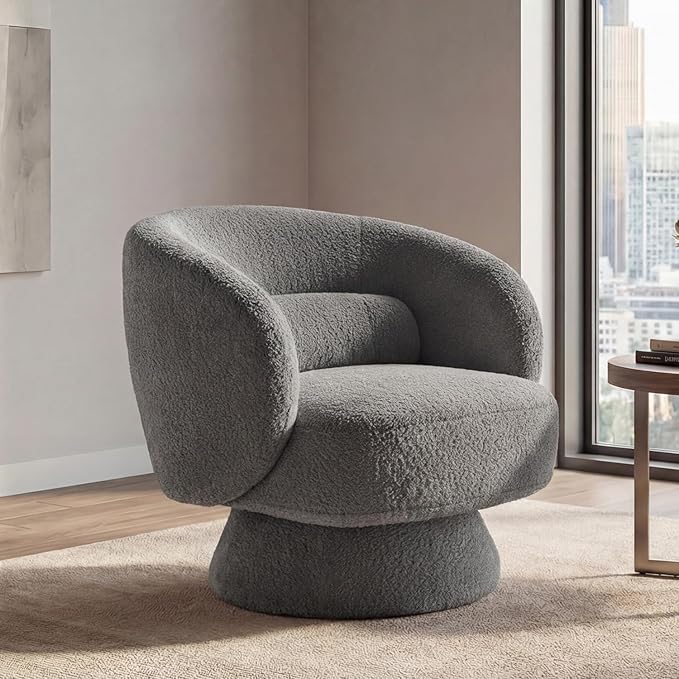 Swivel Accent Chair, Modern 360 Degree Swivel Barrel Chair with Arms & Curved Back and Lumbar Support Cushion, Comfy Round Single Boucle Sofa for Small Space, Living Room, Bedroom, Gray