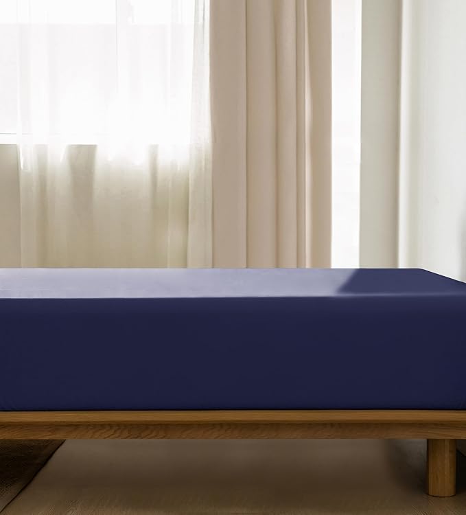 MooMee Fitted Bottom Sheet Only 100% Washed Cotton Linen Like Textured Breathable Durable Soft Comfy Deep Pocket Fits Mattress up to 17" (Dark Blue, King)