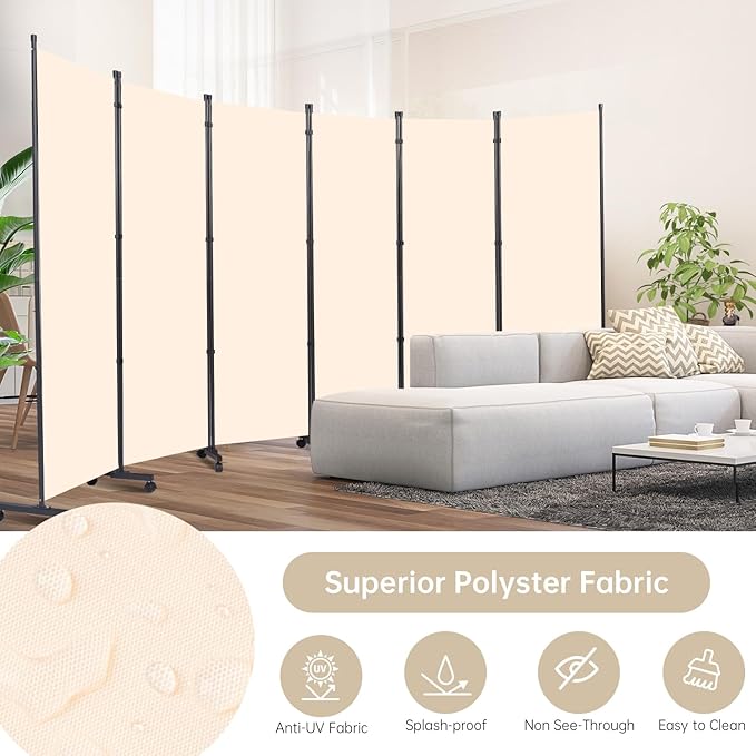 Room Divider Folding Privacy Screens with Wheels, 6FT Tall Divider for Room Separation, Movable Room Partitons and Dividers, Indoor Room Dividers Panel with Fabric (Beige, 6 Panel-132‘’-Wheels)