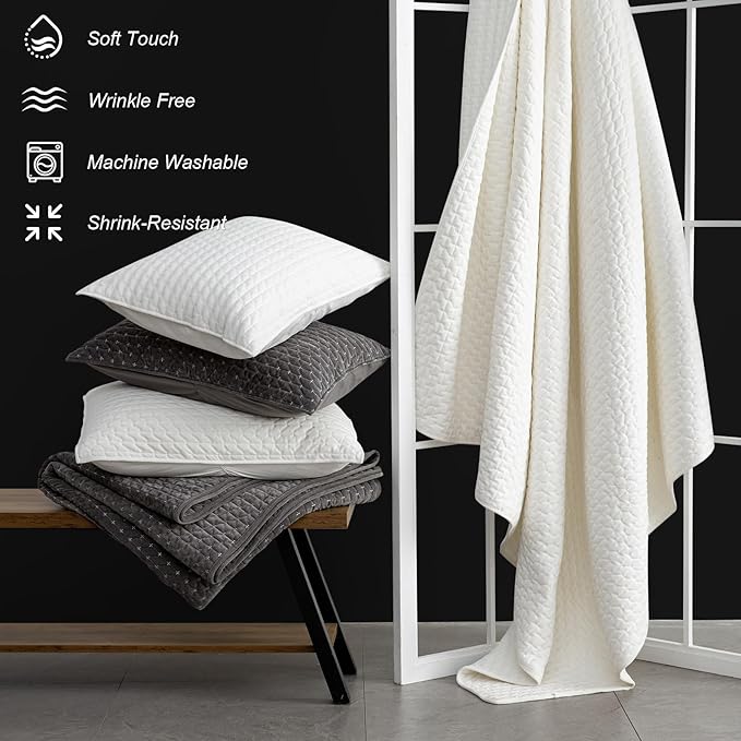 Powdion Velvet Quilt King Size,Bedspread Quilted Bedding Set, Luxurious Soft Coverlet Set Lightweight Velvet Comforter for All Season with 2 Pillow Shams, Striped Quilt Set, 96x106 Cream White