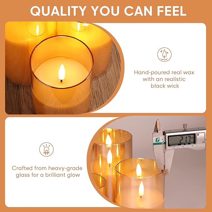 Eywamage Gold Glass Flameless Pillar Candles with Remote, Flickering Christmas LED Candles Battery Operated Set of 3
