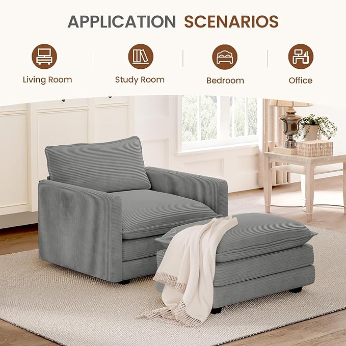 ROWHY Single Armchair with Ottoman, Modern Corduroy Cloud Couch with Convertible Chaise, Upholstered Sofa Set for Living Room and Office, Dark Grey