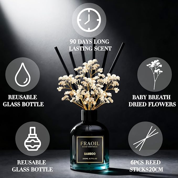 Bamboo Reed Diffuser, Reed Diffuser Set 6.7 fl oz (200 ml) with 6 Reed Sticks, Home Fragrance Reed Diffuser for Bathroom Shelf House Bedroom Office Decor