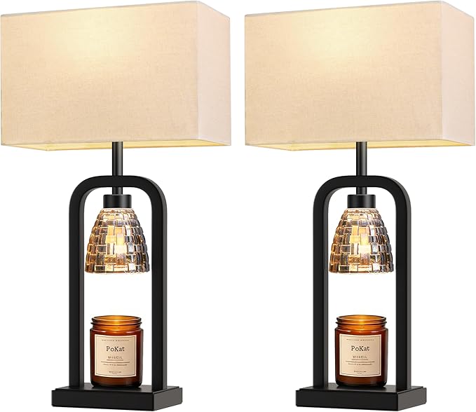 PoKat Table Lamps with Candle Warmer for Bedroom, Farmhouse Bedside Lamps Set of 2 for Night Stands, 21.5'' Bedroom Lamps Decor for Living Room, Bathroom, Dinning, Bulbs Included, Matte Black