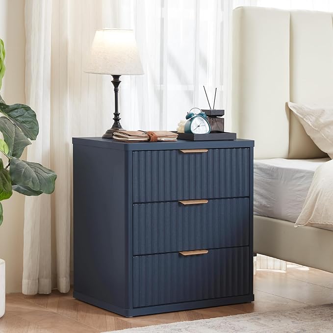 LEYAOYAO Fluted Dressers & Nightstand Set of 3, Wood 48" Wide Dresser & 42" Tall Chest of Drawers,Modern Bedroom Furniture Sets, Navy Blue Wooden Nightstand with 3 Drawers & Charging Station