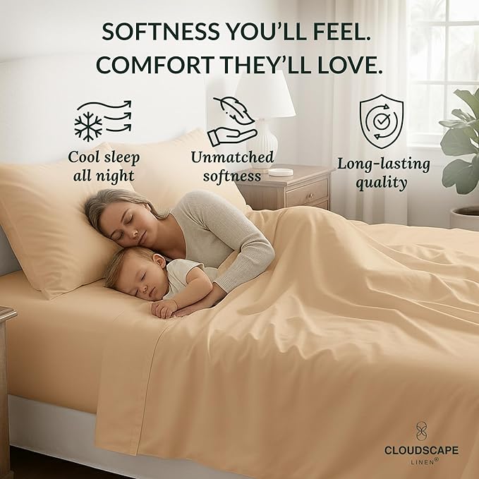 Cloud Scape Linen 100% Egyptian Cotton Sheets for Queen Size Bed, 400 Thread Count, 4 Pieces Bedding Set, Hotel Quality, Silky Soft, Deep Pockets up to 17”, Linen