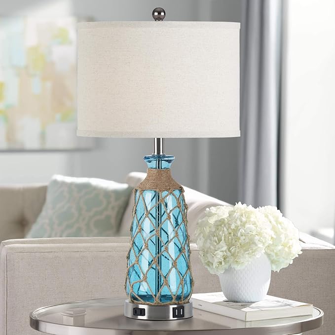 Coastal Glass Table Lamps, 3-Way Dimmable Touch Control Bedside Lamps with 2 USB Ports and AC Outlet, Teal Nautical Nightstand Lamps for Bedroom Living Room (LED Bulbs Included)