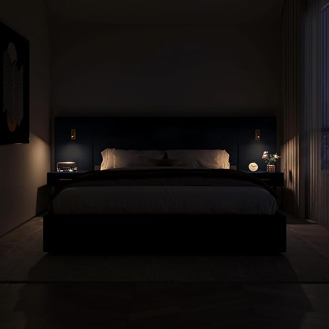 DEINPPA Luxury King Bed Frame with Built-in Gold LED Lights and Nightstands, King Size Platform Bed with Oversize Upholstered Headboard, No Box Spring Needed-Gunmetal Black