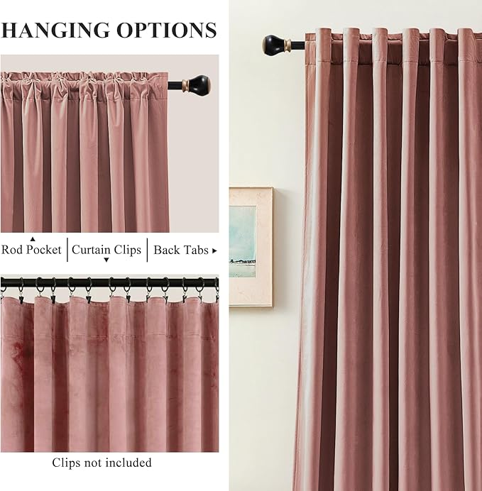 Velvet Curtains 108 Inches Long for Girls Room, Luxury Room Darkening Thermal Insulated Dusty Rose Pink Velvet Curtain Privacy Drapes for Living Room, Back Tab Rod Pocket, W52 x L108, 2 Panels