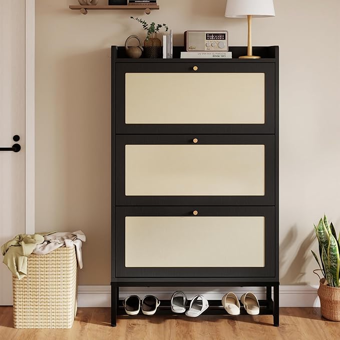 Slim Entryway Shoe Storage Cabinet with 3 Flip Drawers, Modern Freestanding Shoes Organizer Holds 16-20 Pairs, Closed Shoe Storage for Hallway, Foyer - Space-Saving Wood Shoe Cabinet