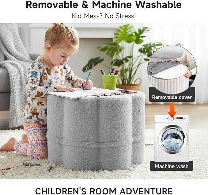 Tiita Floral Pouf Ottoman, Foot Stools Ottoman with Foam Chunk Filling, Puff Foot Rest for Couch, Living Room, Kids Room, Grey