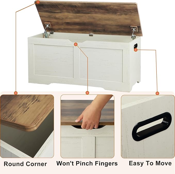 Timberer 39.4" Storage Chest, Wooden Storage Bench, Lift Top Toy Chest with 2 Safety Hinges, Large Toy Box, Entryway Bench for Living Room, Bedroom, Brown and Rustic White
