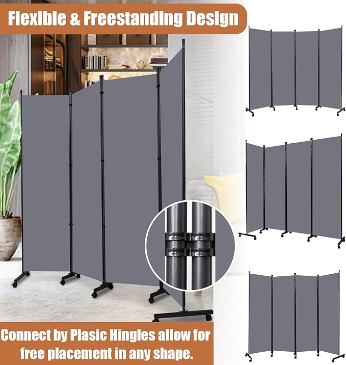 Room Divider Folding Privacy Screens with Wheels, 6FT Tall Divider for Room Separation, Movable Room Partitons and Dividers, Indoor Room Dividers Panel with Fabric (Grey, 4 Panel-88‘’-Wheels)
