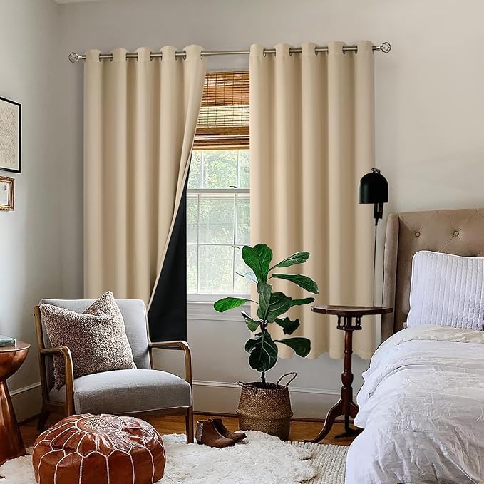 BGment Thermal Insulated 100% Blackout Curtains for Bedroom with Black Liner, Double Layer Full Room Darkening Noise Reducing Grommet Curtain (60 x 63 Inch, Beige, 2 Panels)