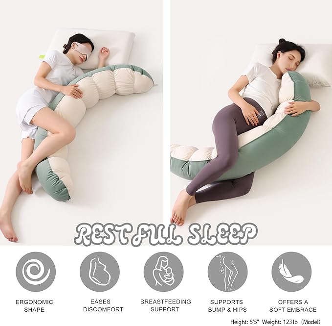 Peallow(Pat. Pend) – Long Round Body Pillow for Adults, Bolster Pillow for Sleeping, Soft and Supportive Pillow for Sleeping & Lumbar Support (Green-White, 59")