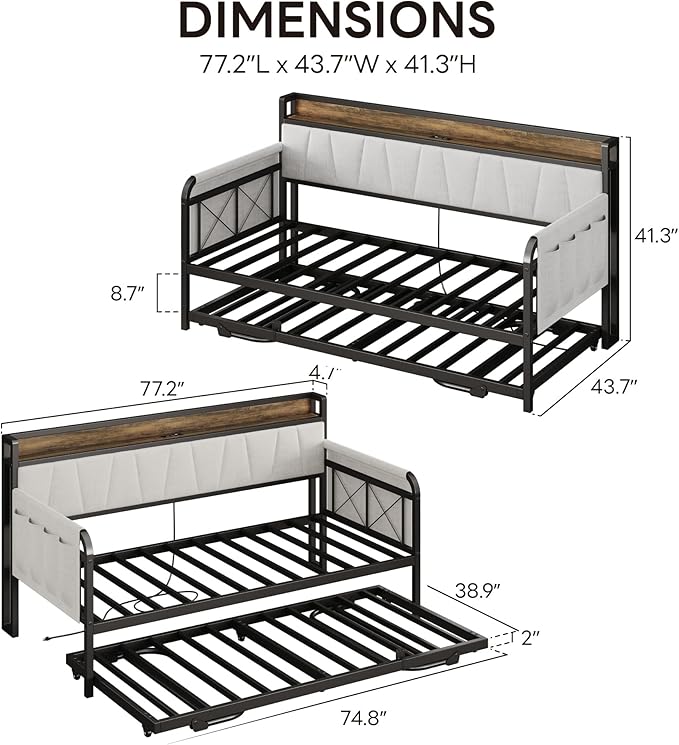 LIKIMIO Daybed with Trundle Bed, Twin Bed Frame with Storage Headboard and Charging Station, Sofa Day Bed with Strong Supports for Living Room, Bedroom, and Guest Room, Beige