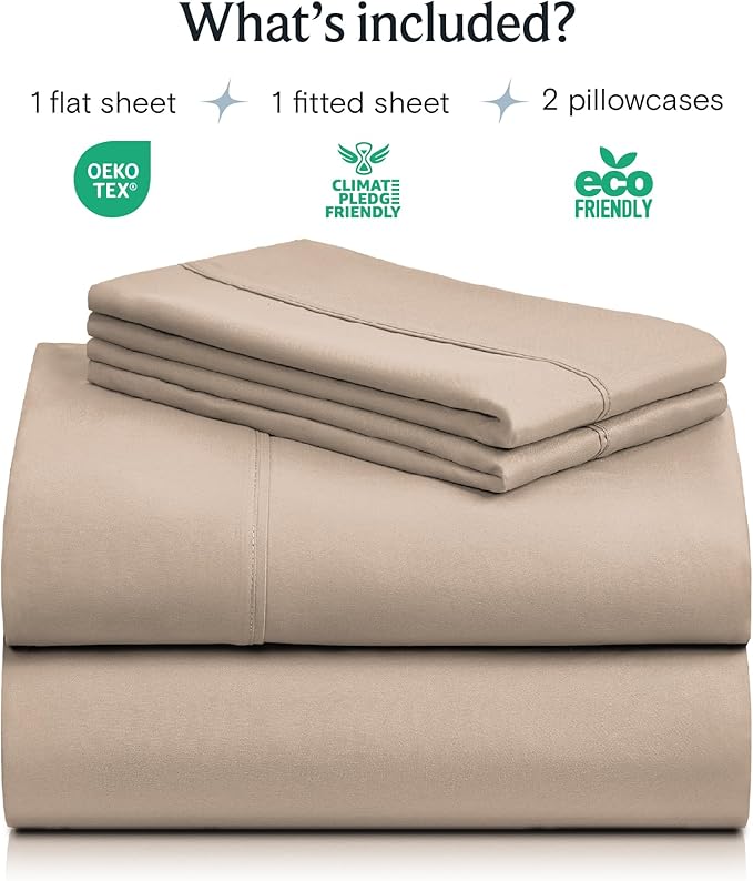 LuxClub 4 PC Queen Sheet Set, Deep Pockets Wrinkle Free Cooling Bed Sheets Hotel Bedding for Women, Men, Includes 1 Fitted Sheet, 1 Flat Sheet and 2 Pillowcases-Soft Light Khaki