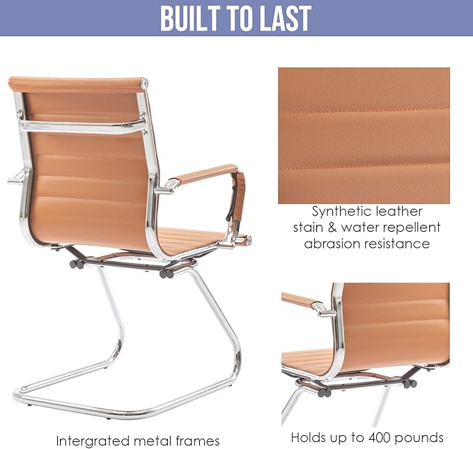 Wahson Office Guest Chairs Set of 6, Leather Reception Chairs, Mid Back Waiting Room Chair, Conference Chairs with Sled Base, Desk Chair No Wheels for Meeting/Lobby/Restroom, Terracotta