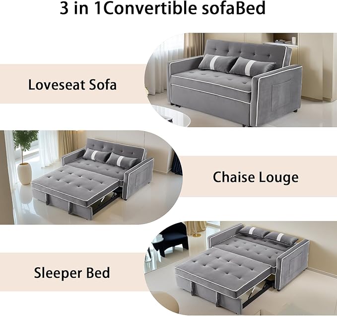 Convertible Sofa Bed, 3-in-1 Loveseat Futon Sofa Bed with 3-Position Adjustable Backrest & Side Pocket, Modern Velvet Fabric Pull Out Couch for Living Room, Small Spaces (Grey)